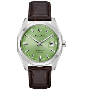 Bulova-Uhr mit grünem Zifferblatt und braunem Lederarmband, Datum