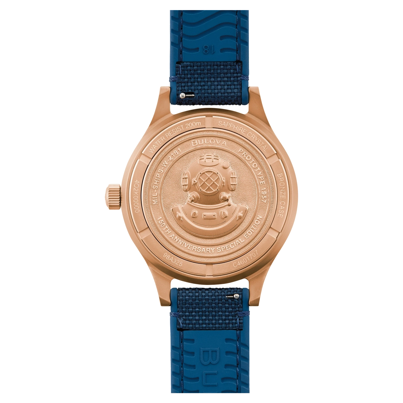 Bulova Uhr, Bronzegehäuse, 150 Jahre Jubiläum, blaues Armband, Wasserdichtigkeit 200m.