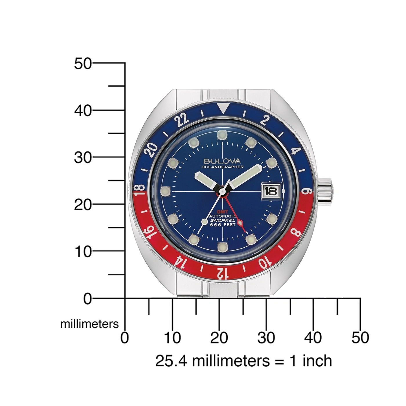Bulova Oceanographer Uhr, blaues Zifferblatt, rote Lünette, GMT, Automatik, 666 Fuß