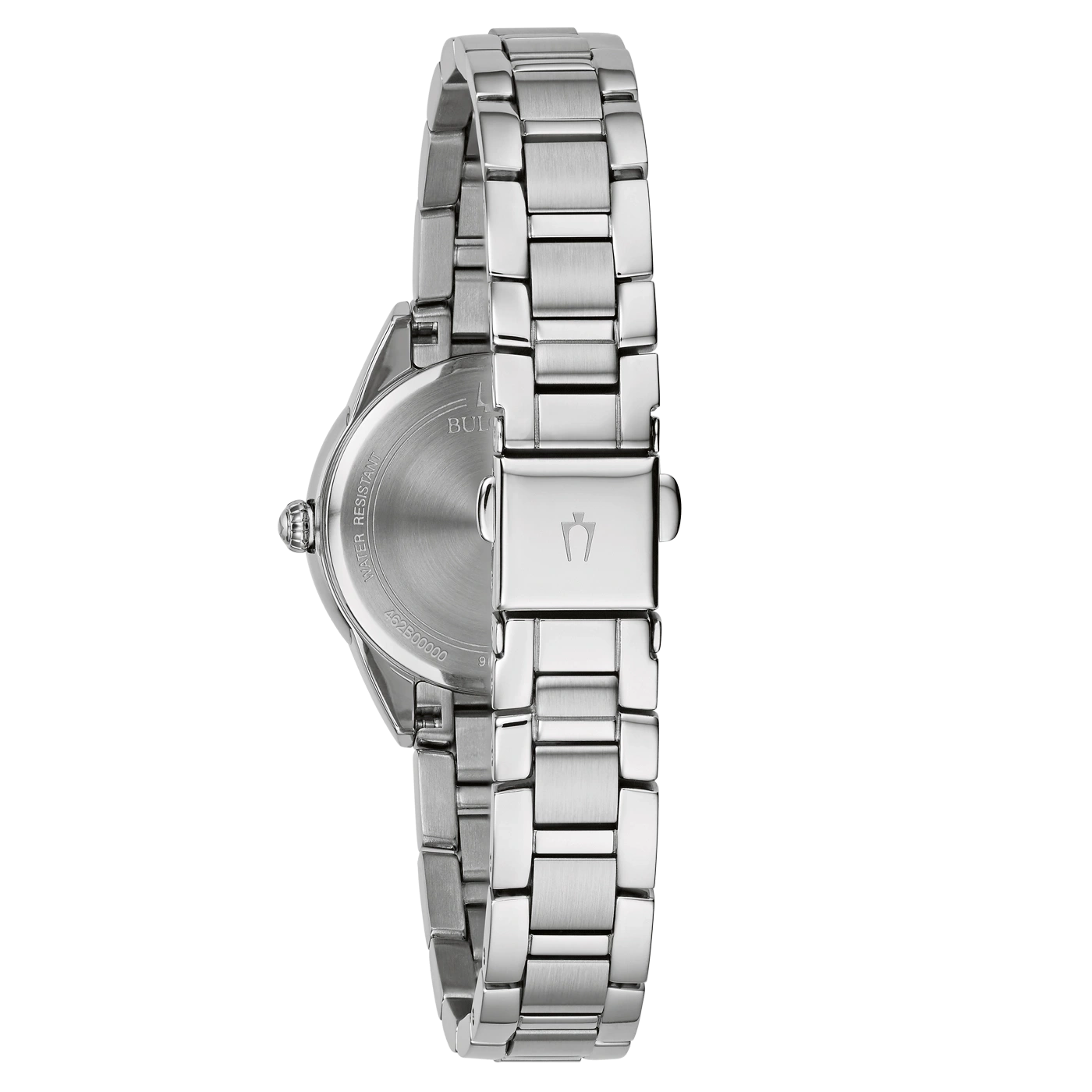 Rückseite einer silbernen Uhr mit Armband und Logo, Wasserfest