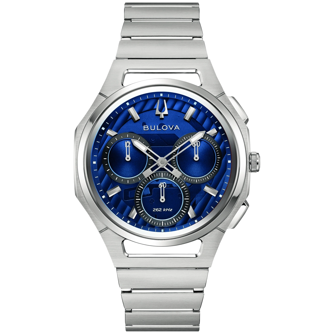 Silberne Bulova-Uhr mit blauem Zifferblatt und Chronographenanzeigen