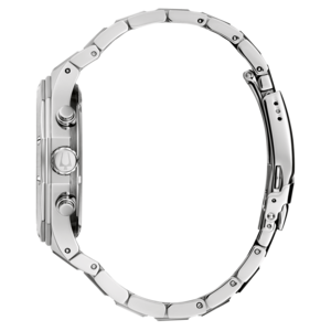 Silberne Uhr mit Armband, Seitenansicht, glänzend, elegant, modern, Accessoire, Zeitmesser, Chronograph