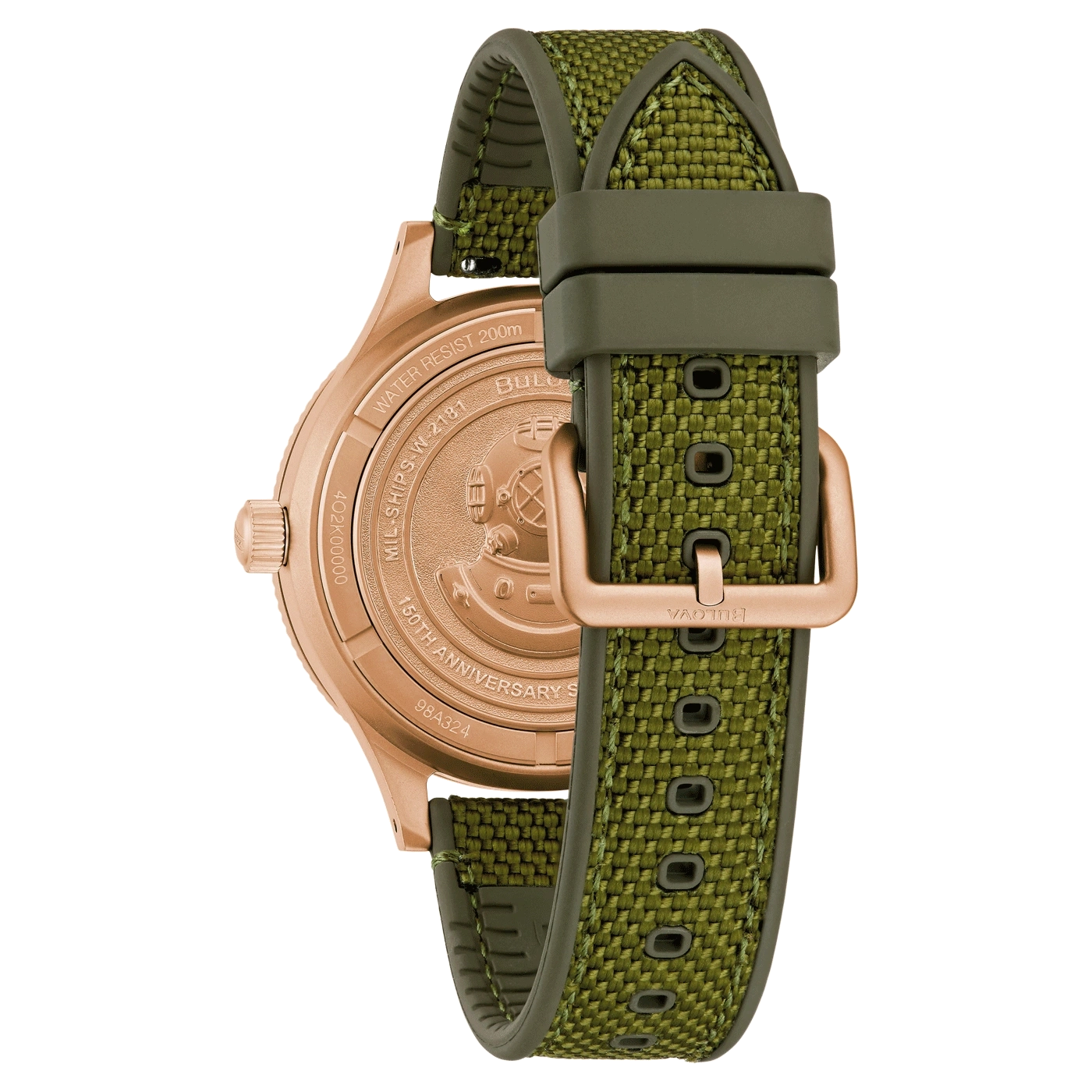 Uhr mit grünem Armband und roségoldenem Gehäuse, Detailaufnahme des Gehäusebodens.