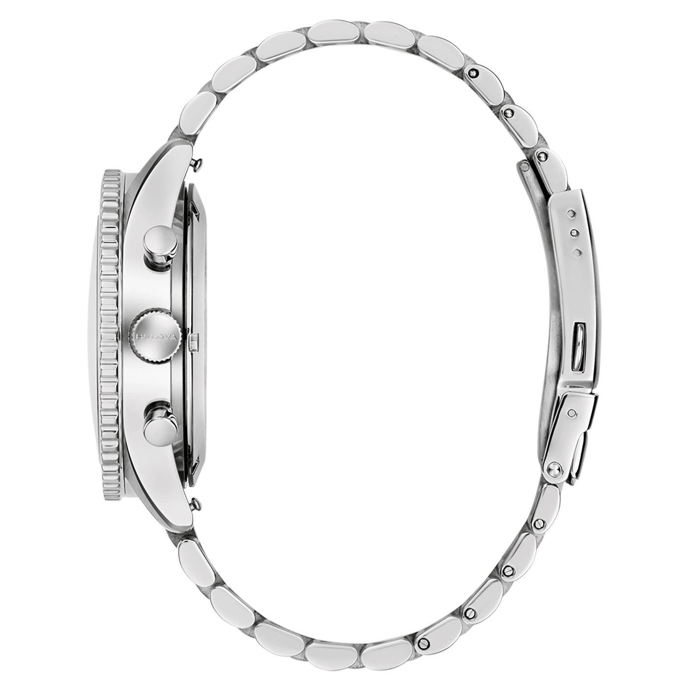 Silberne Uhr mit Armband, Seitenansicht, Detailaufnahme, Bulova-Logo, elegant