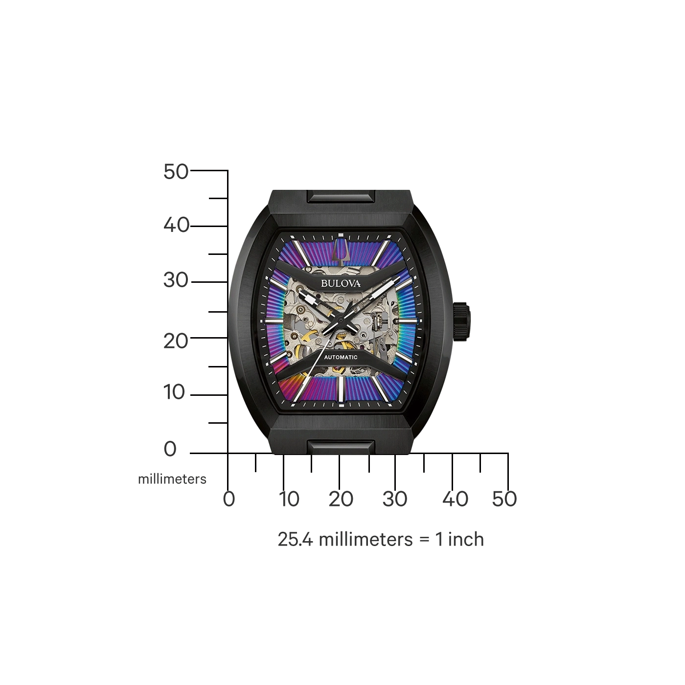Schwarze Bulova-Uhr mit skelettiertem Zifferblatt, Millimeter-Skala, 25,4 mm = 1 Zoll.