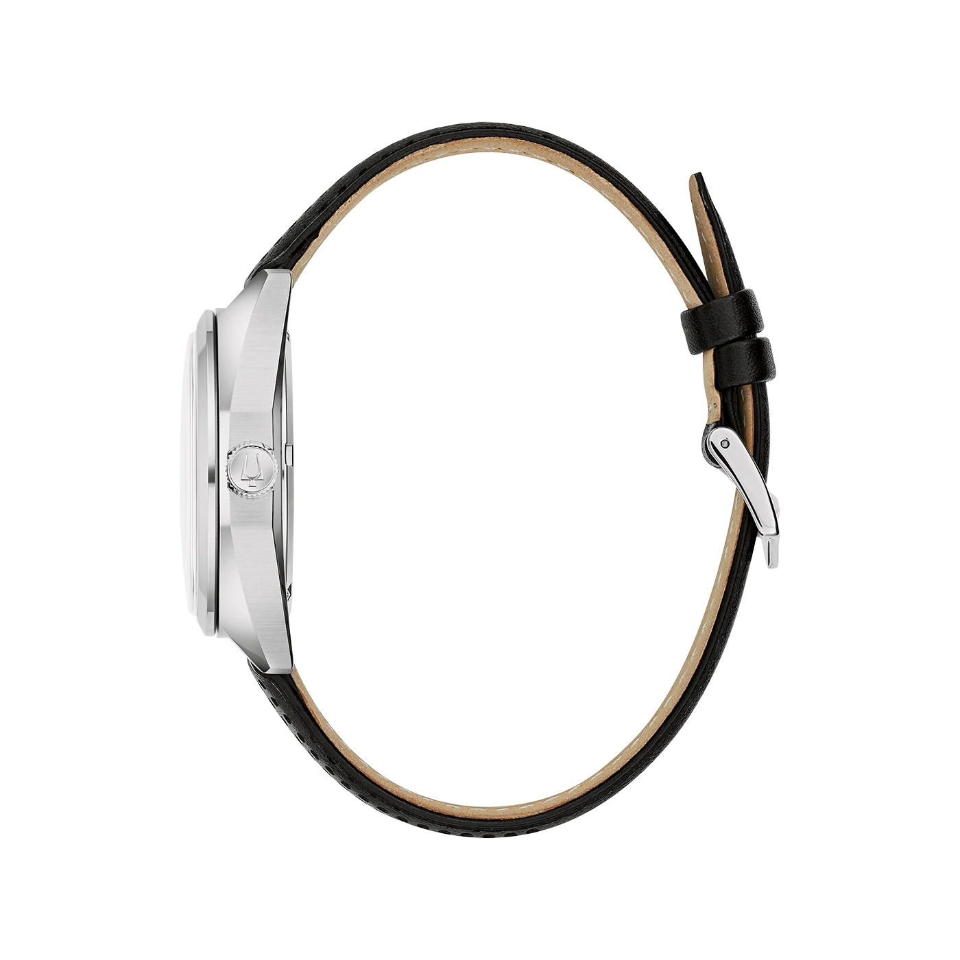 Uhr mit schwarzem Lederarmband, Seitenansicht, silbernes Gehäuse, Detailaufnahme
