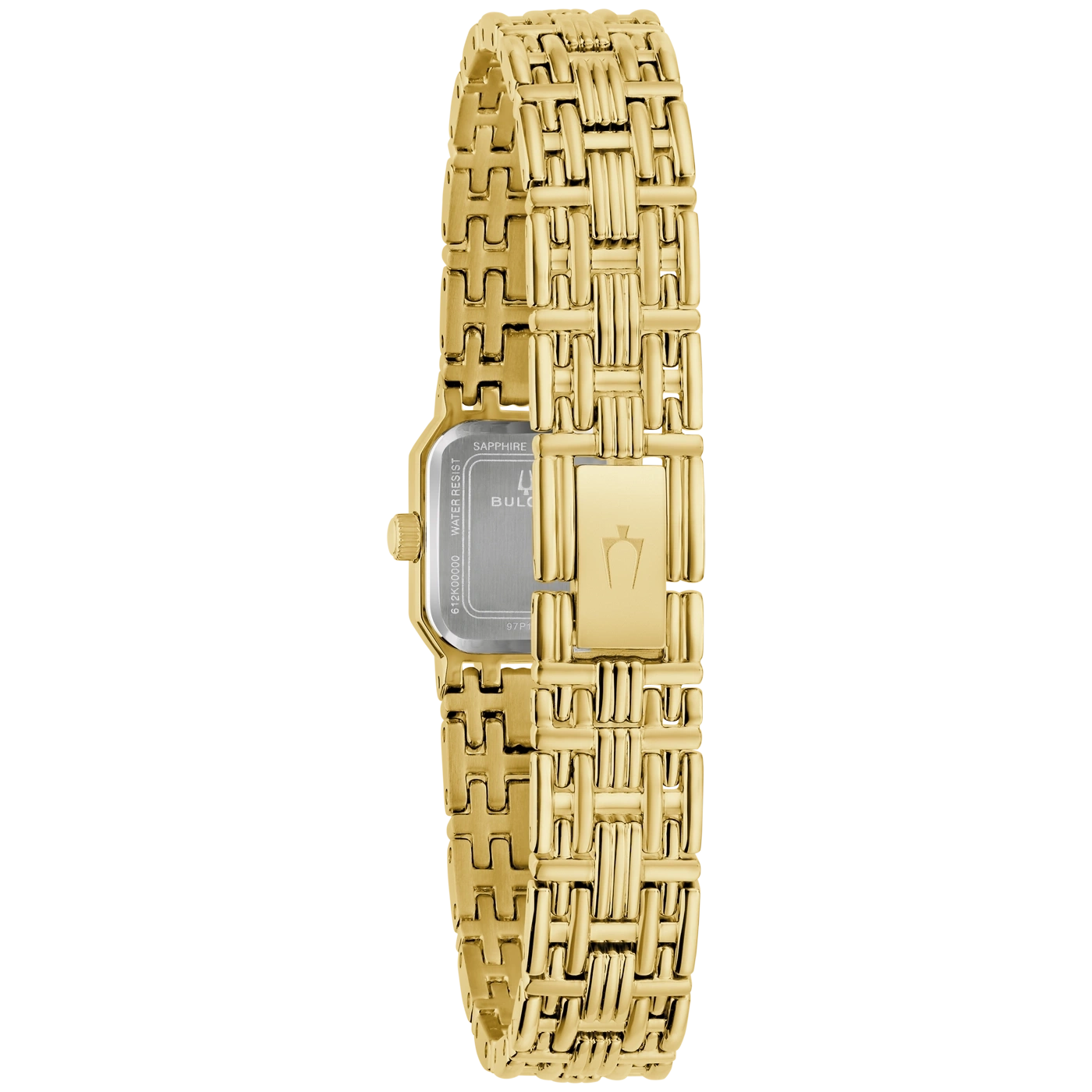 Eine goldene Armbanduhr mit einem detaillierten Band und sichtbarem Gehäuseboden.