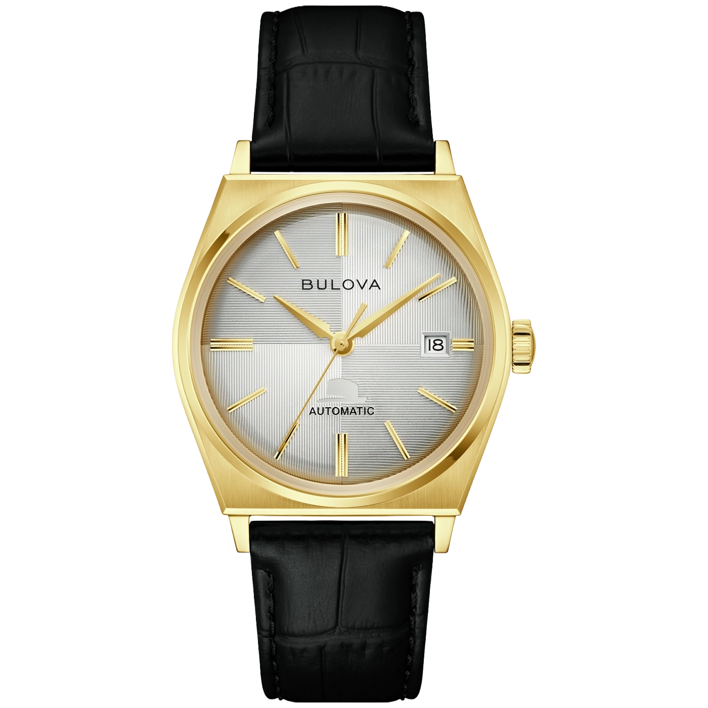 Goldene Bulova Automatikuhr mit schwarzem Lederarmband