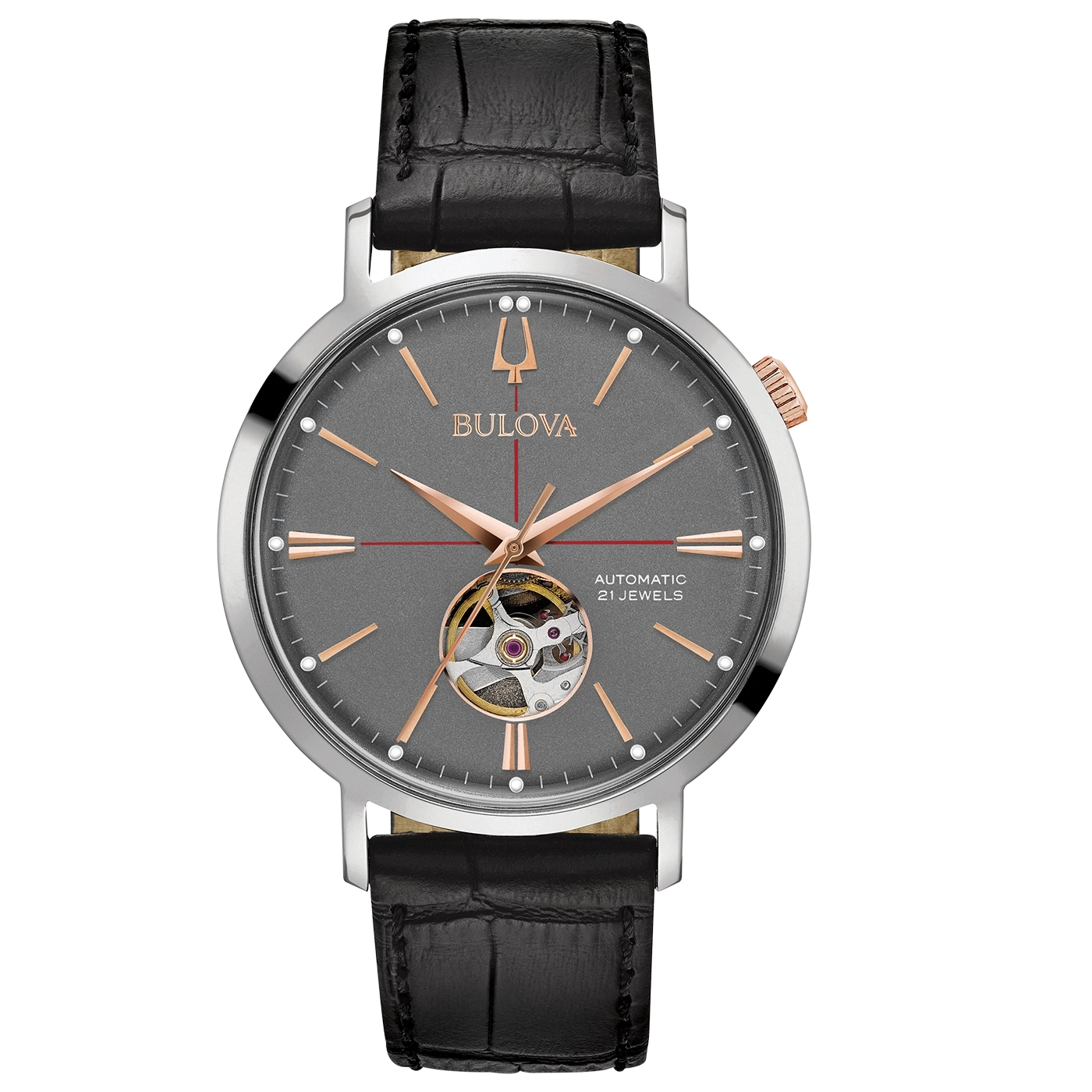Bulova-Uhr mit grauem Zifferblatt und Lederarmband, Automatik, 21 Juwelen.
