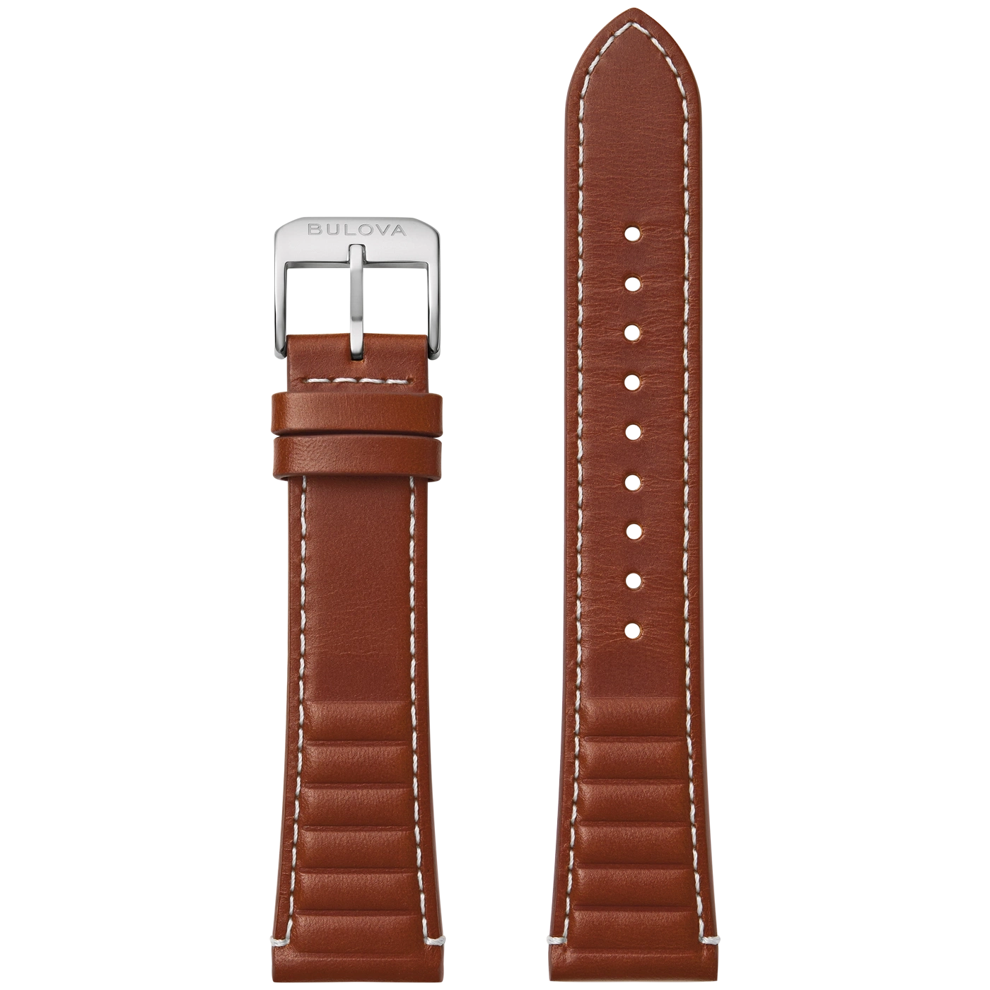 Braunes Lederarmband mit weißen Nähten und Bulova-Schnalle.