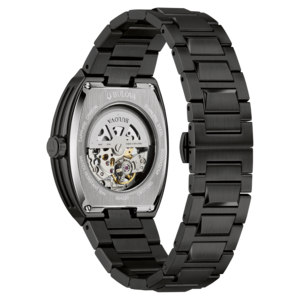 Schwarze Bulova-Uhr mit Saphirglas und Edelstahlgehäuse, wasserdicht bis 50m.