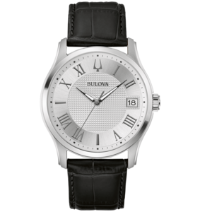 Bulova-Uhr mit silbernem Zifferblatt und schwarzem Lederarmband, Datum