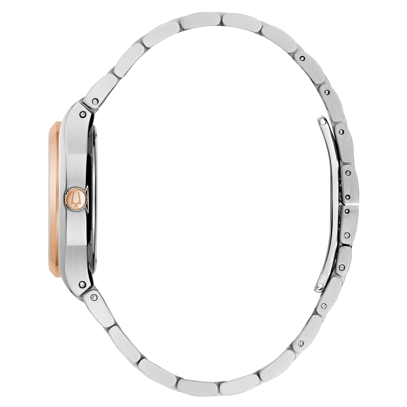 Uhr mit silbernem Armband und roségoldfarbenem Zifferblatt, Seitenansicht, elegant