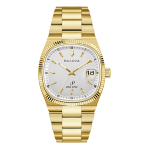 Goldene Bulova-Uhr mit römischen Ziffern und Datumsanzeige auf weißem Zifferblatt.
