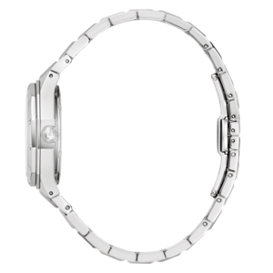 Silberne Damenuhr mit Armband, Seitenansicht, elegantes Design, glänzend.