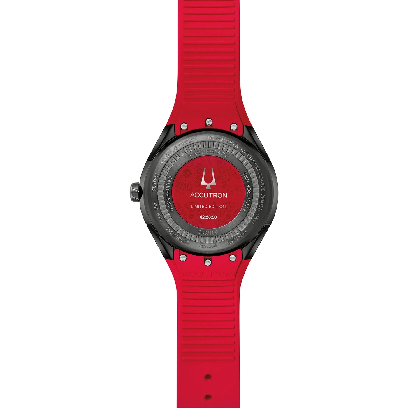 Accutron-Uhr, rot, Limited Edition, 02:26:50, 000/100, 28A206, Stahl, 50m wasserdicht.