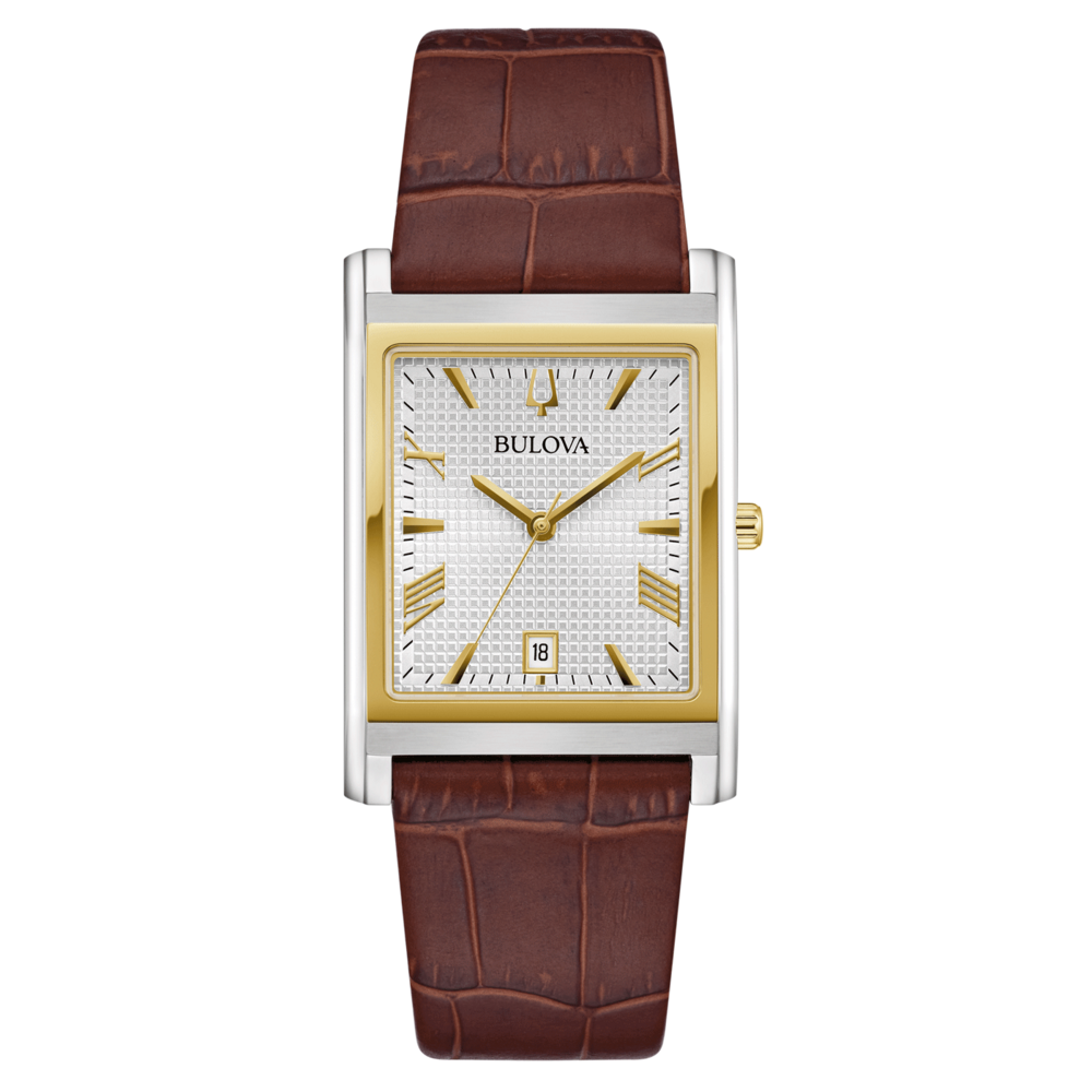 Bulova-Uhr mit braunem Lederarmband und goldenem Zifferblatt, rechteckig