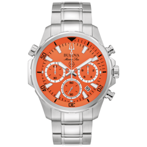 Bulova Marine Star Uhr mit orangefarbenem Zifferblatt und silbernem Armband.