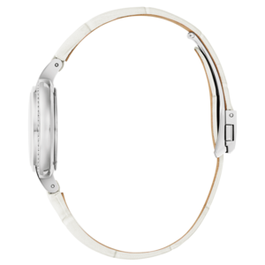 Weisse Damenuhr mit silbernem Gehäuse und weissem Lederarmband, elegant.