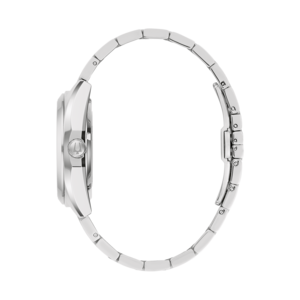 Silberne Uhr mit Armband, Seitenansicht, elegant und stilvoll, Accessoire