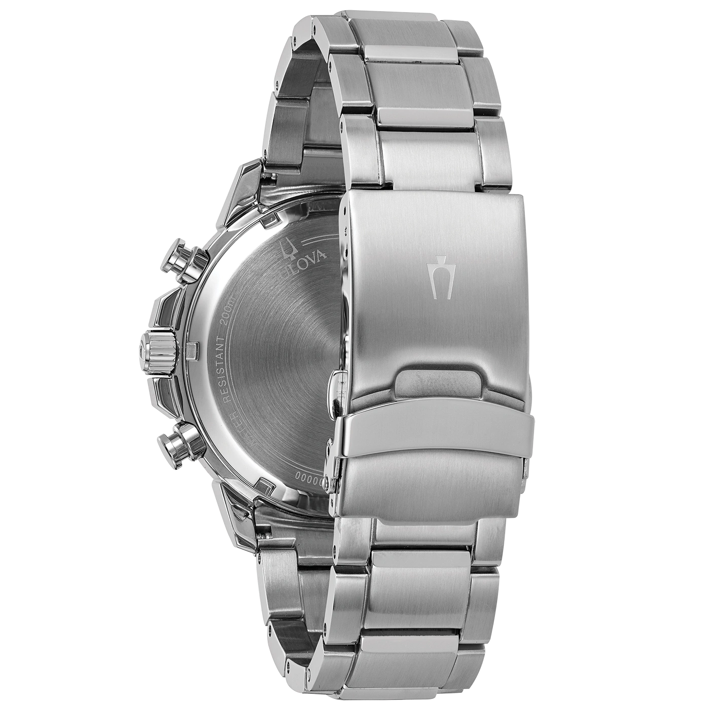 Silberne Uhr mit Metallarmband und Bulova-Logo auf der Rückseite.