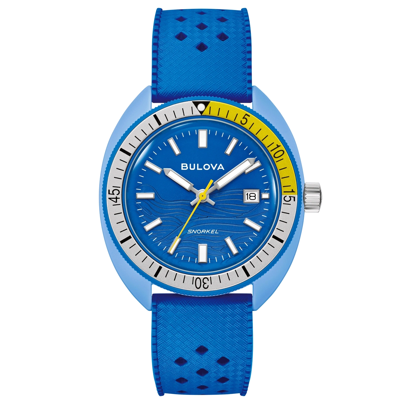 Blaue Bulova Snorkel Uhr mit blauem Armband und gelben Akzenten.
