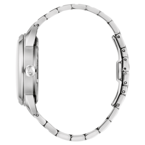 Silberne Uhr mit Armband, Seitenansicht, Detailaufnahme, glänzend, elegant, Accessoire