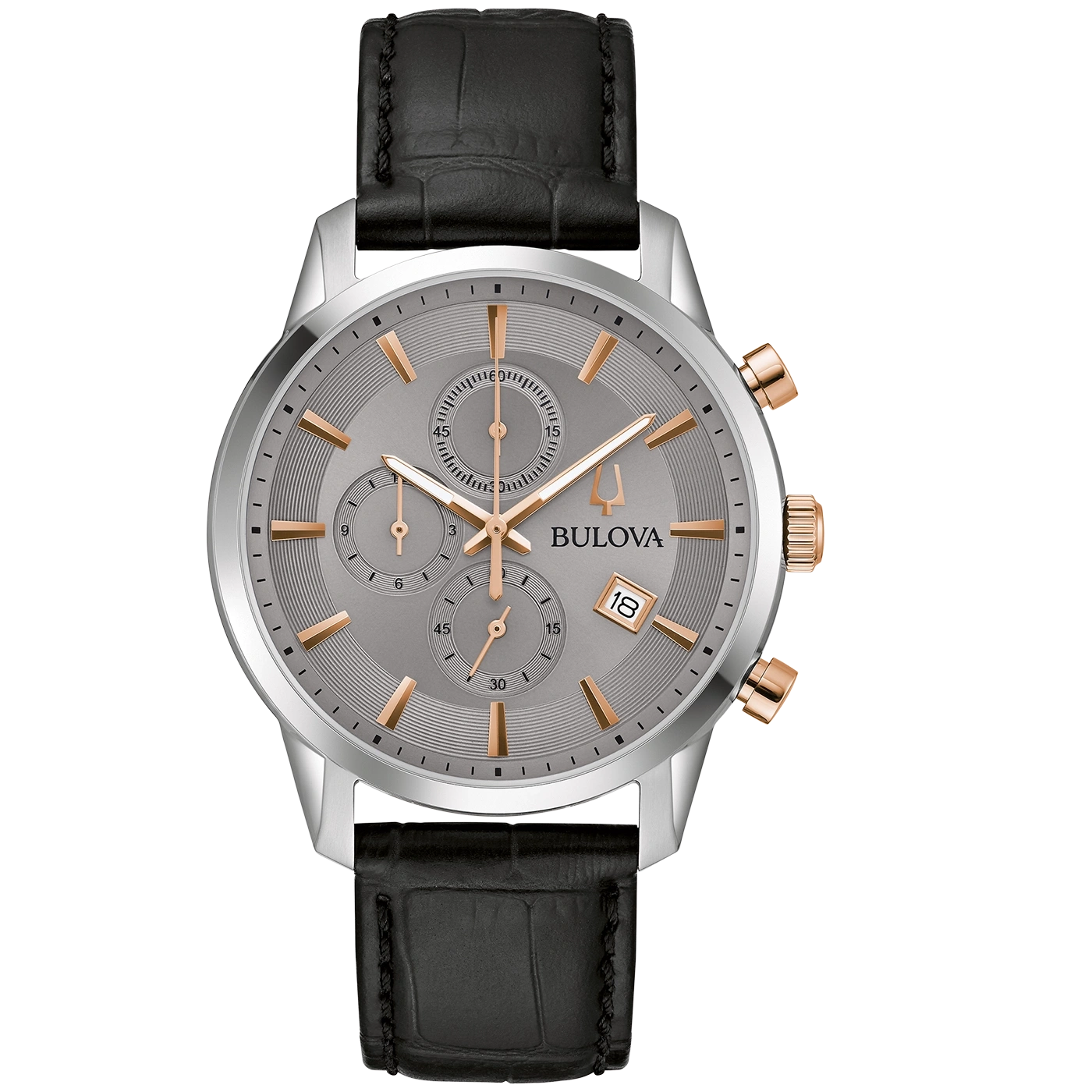 Bulova-Uhr mit silbernem Zifferblatt, roségoldenen Akzenten und schwarzem Lederarmband.