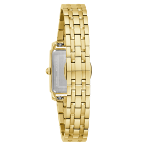 Goldene Damenuhr, rechteckiges Zifferblatt, goldenes Armband, Nahaufnahme, isoliert auf Weiß