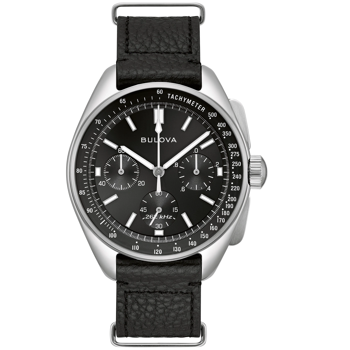 Schwarze Bulova-Uhr mit Lederarmband und Tachymeter-Funktion, 26 kHz.