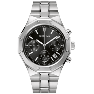 Bulova-Uhr mit schwarzem Zifferblatt und silbernem Armband, Tachymeter-Funktion.