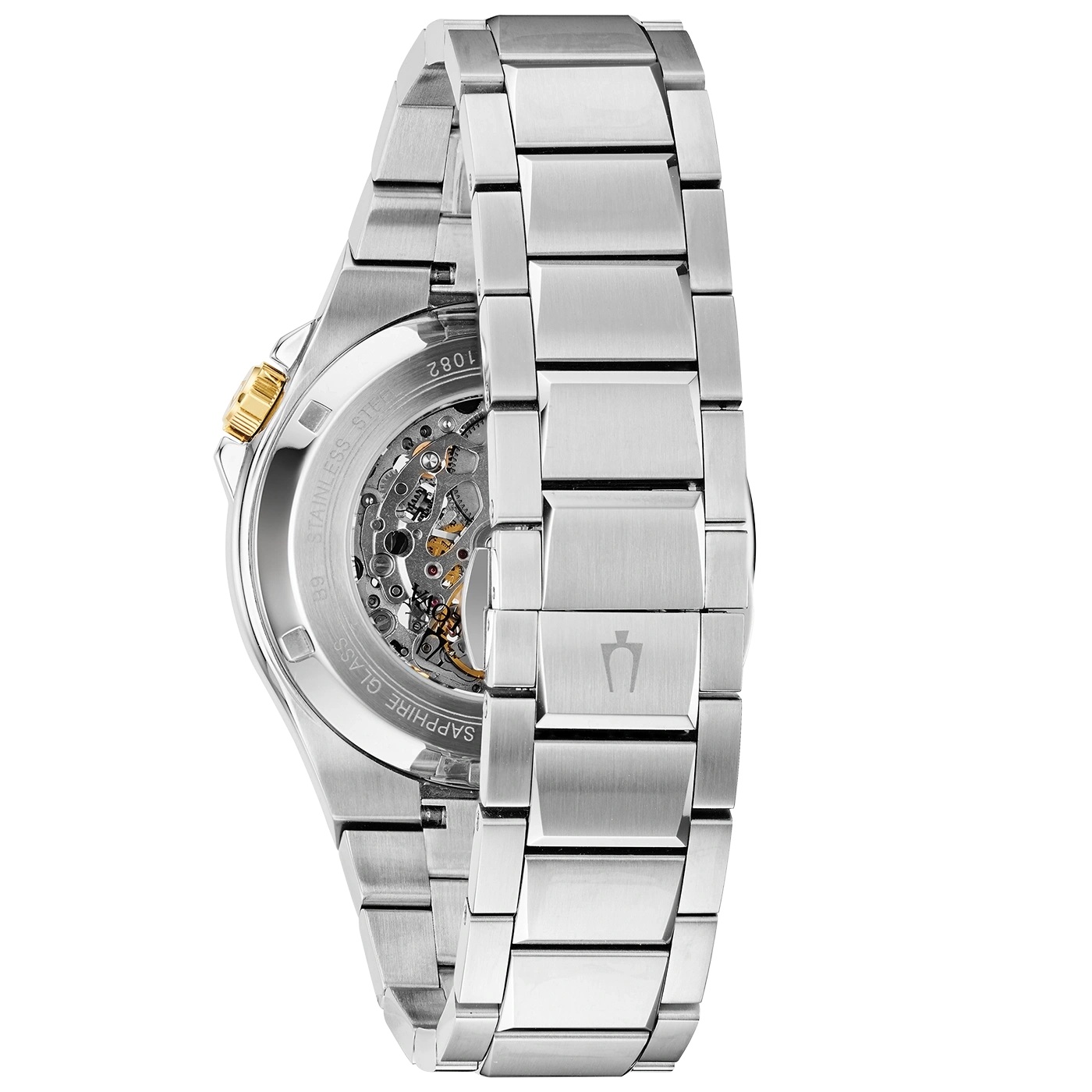 Uhr mit Metallarmband, Detailaufnahme, silberfarben, goldfarben, Saphirglas, Edelstahl