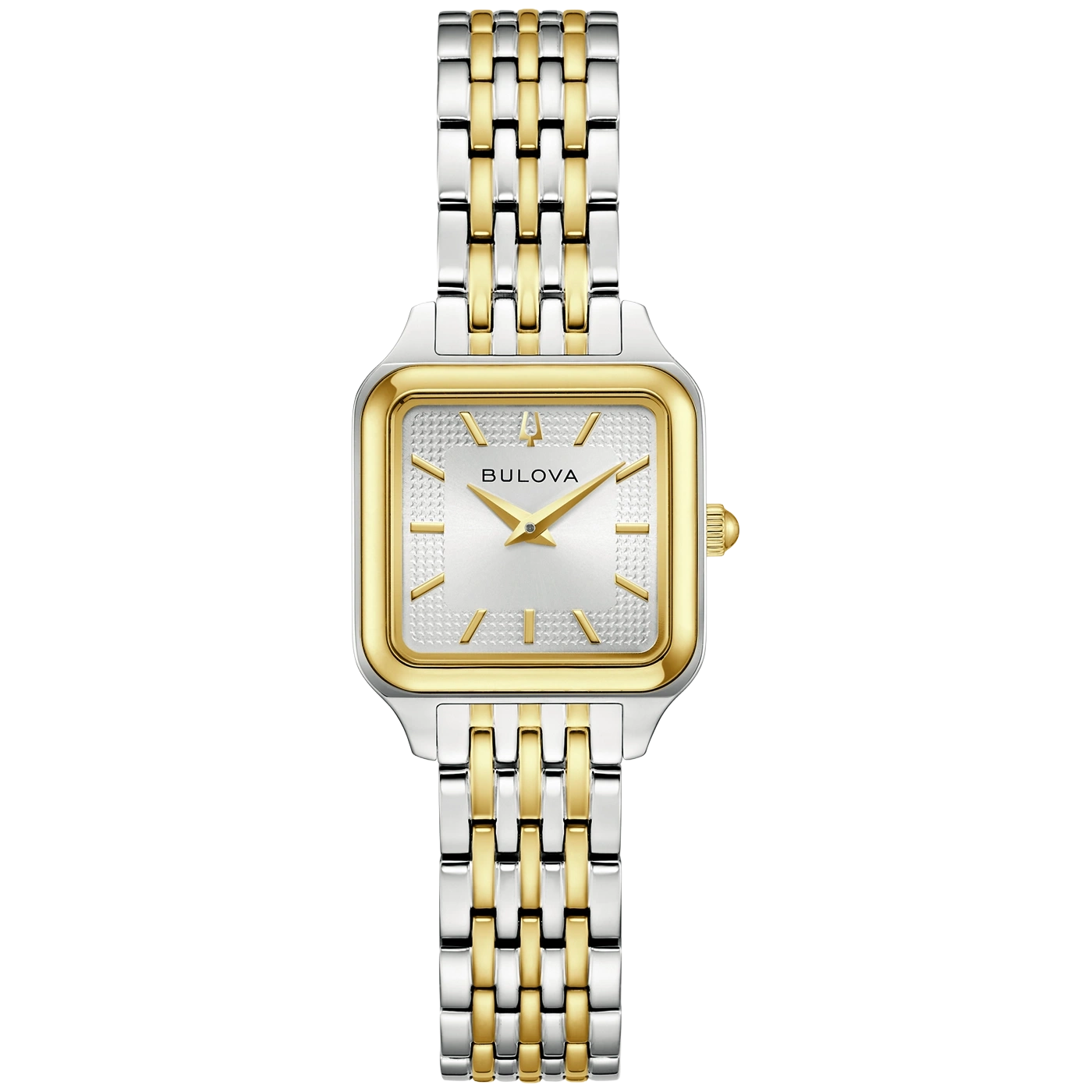 Eine zweifarbige Bulova-Damenuhr mit silbernem und goldenem Armband und Zifferblatt.
