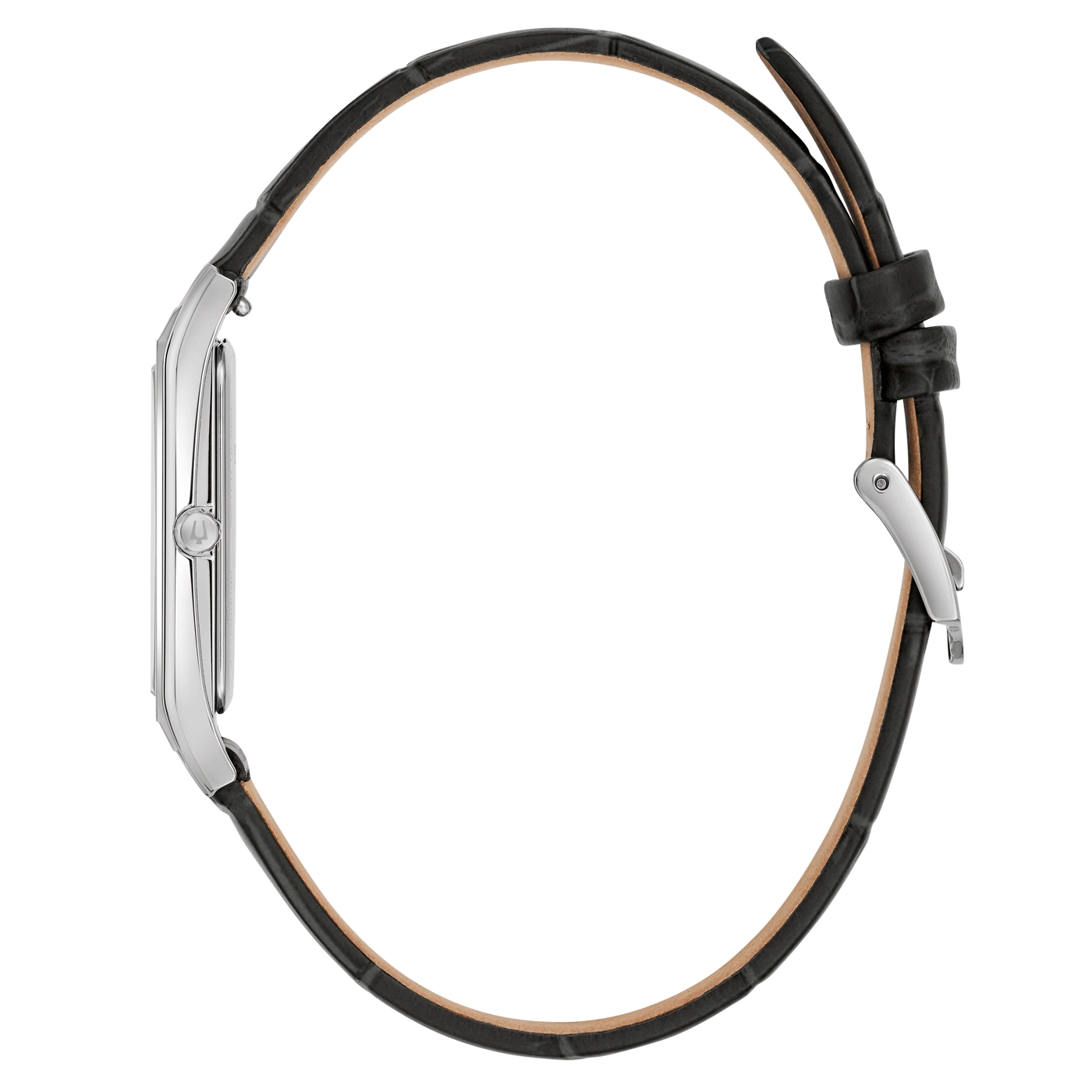 Uhr mit schwarzem Lederarmband, Seitenansicht, elegantes Design, Accessoire