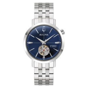 Bulova-Uhr mit blauem Zifferblatt und silbernem Armband, Automatik, 21 Steine