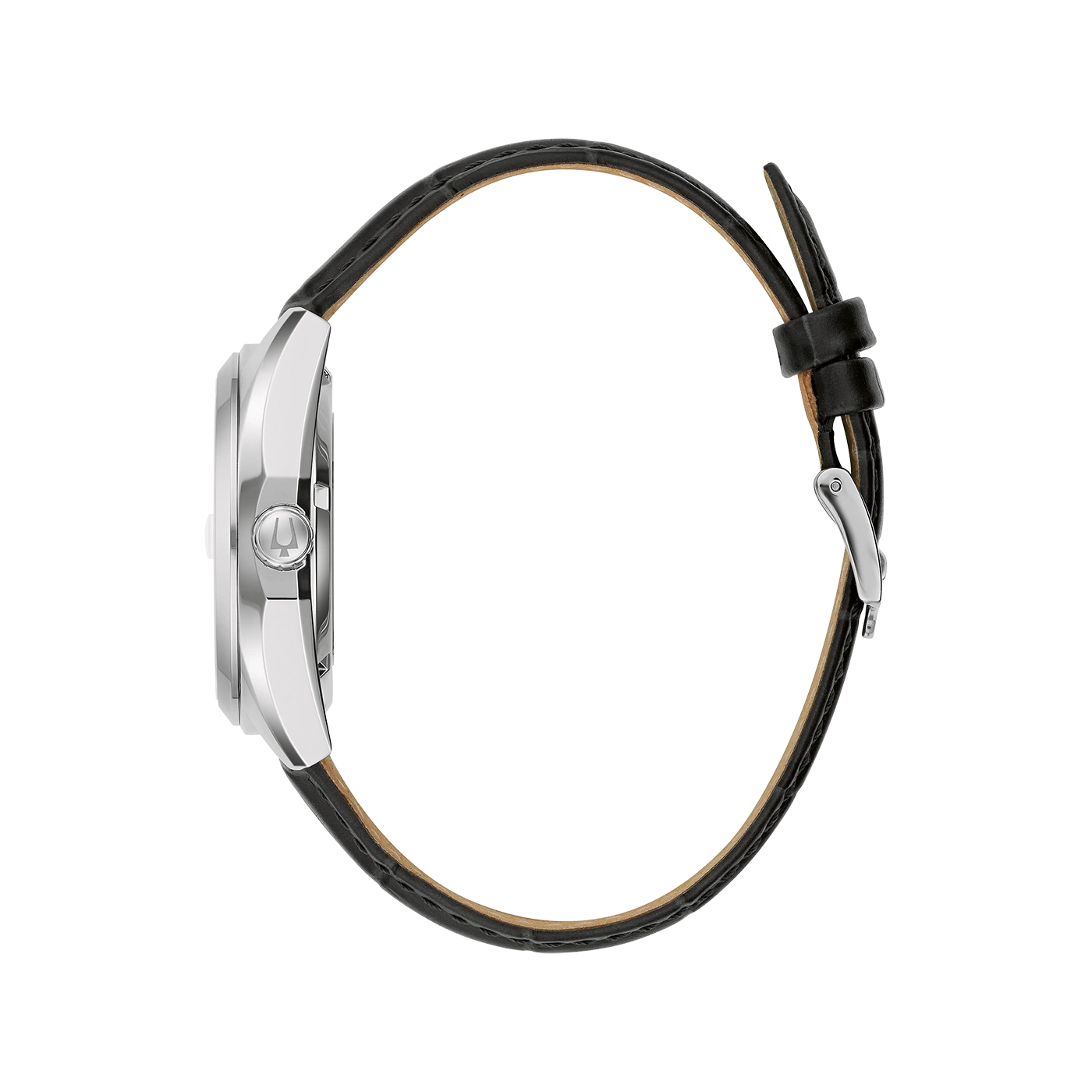 Uhr mit schwarzem Lederarmband, silbernem Gehäuse und elegantem Design.