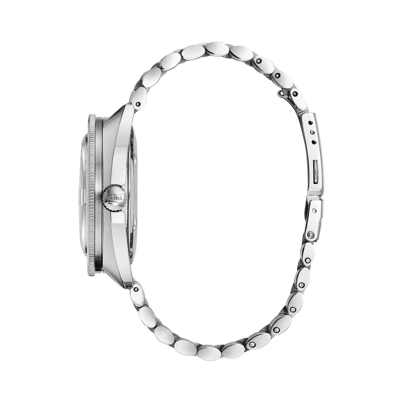 Bulova-Uhr, silbernes Armband, Detailaufnahme, Seitenansicht, elegantes Design, Accessoire