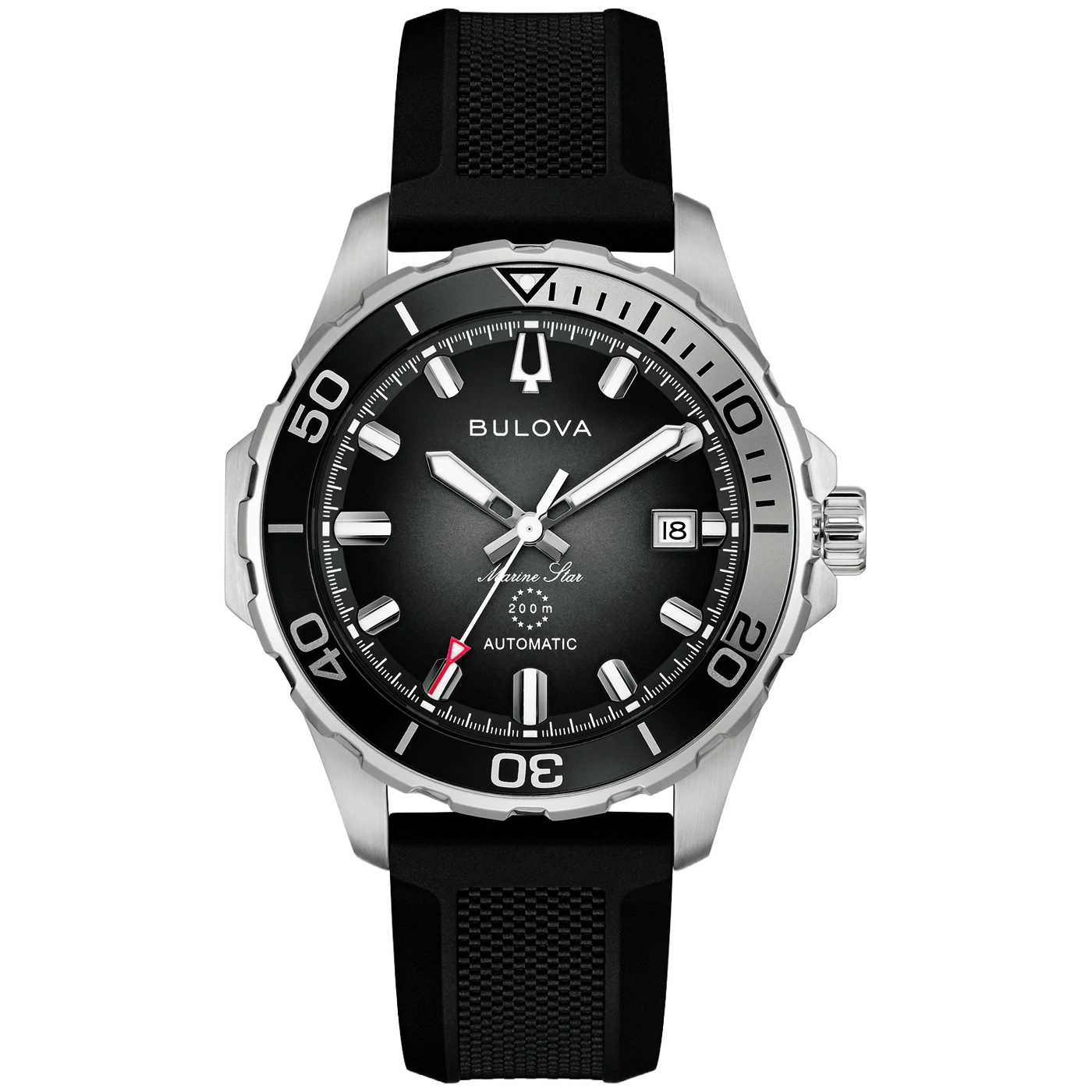 Eine schwarze Bulova Marine Star Automatikuhr mit silbernem Gehäuse und schwarzem Armband.