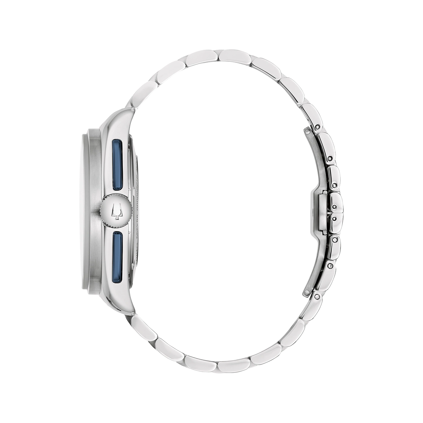 Uhr, silbernes Armband, blaues Detail, Seitenansicht, elegantes Design, Accessoire