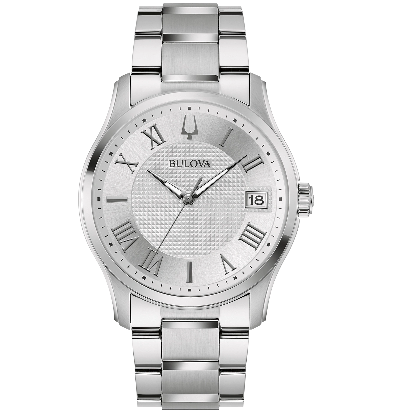 Silberne Bulova-Uhr mit römischen Ziffern und Datumsanzeige auf hellem Hintergrund.