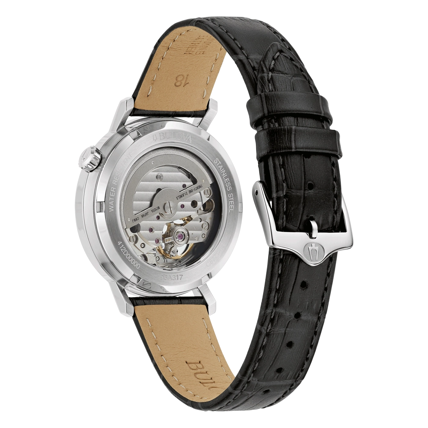 Bulova Uhr, Edelstahl, Lederarmband, skelettiertes Zifferblatt, Automatikwerk, wasserdicht, 21 Juwelen.
