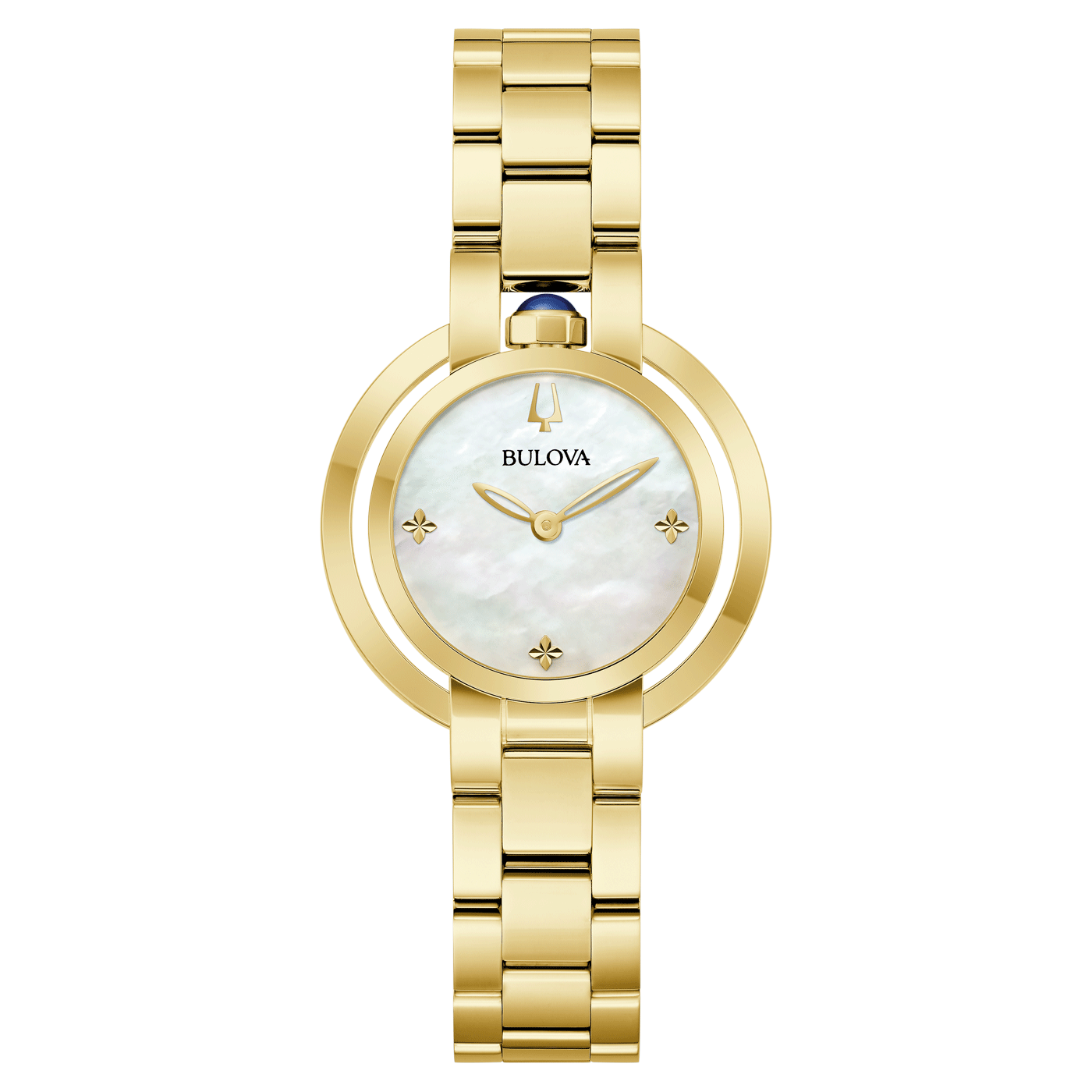 Goldene Bulova-Uhr mit Perlmutt-Zifferblatt und Diamanten, elegant.