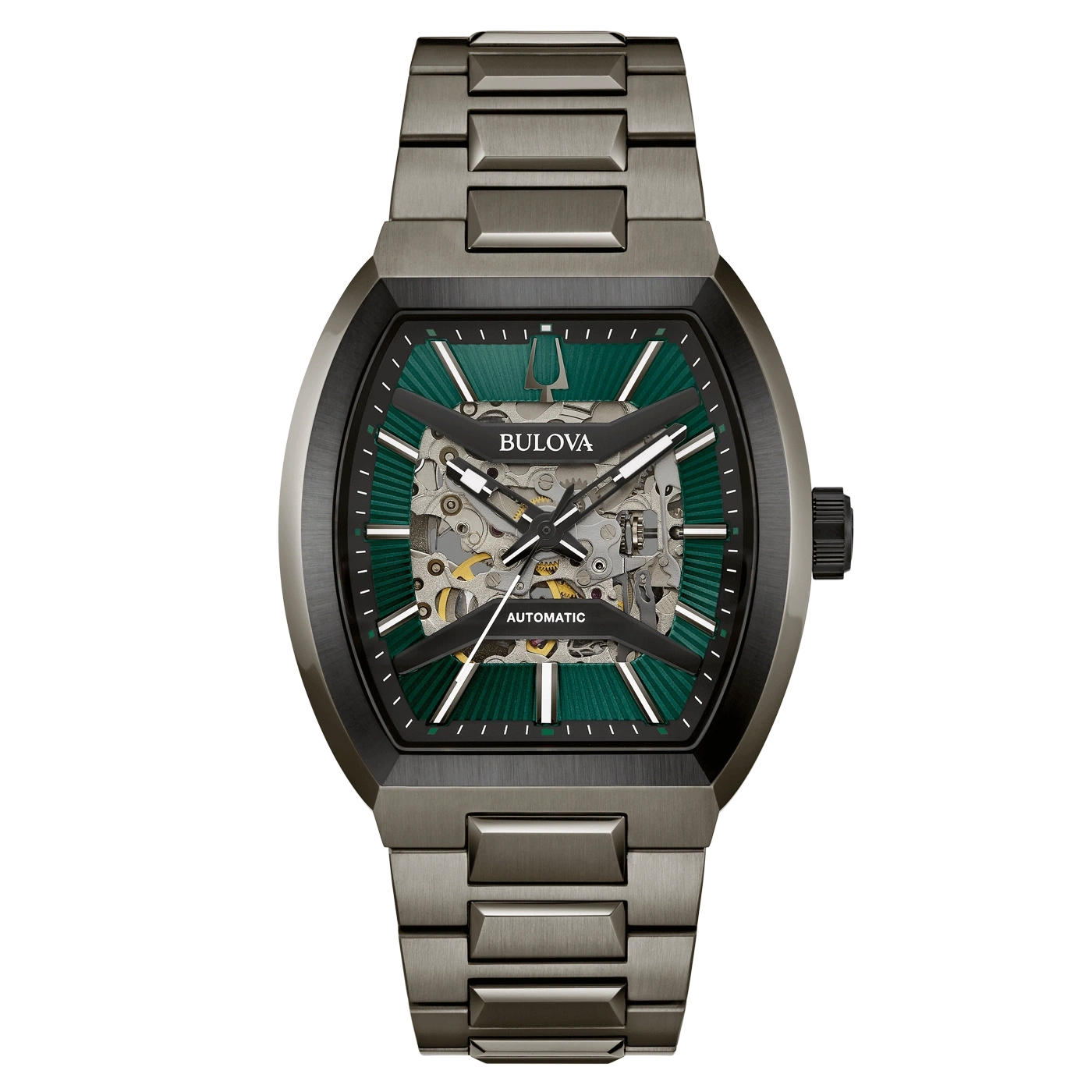Bulova-Uhr, skelettiertes Zifferblatt, grünes Detail, Automatik, Metallarmband, modernes Design.