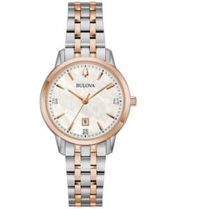 Bulova Damenuhr, silberfarbenes Gehäuse, roségoldfarbene Akzente, Perlmuttzifferblatt, Datum