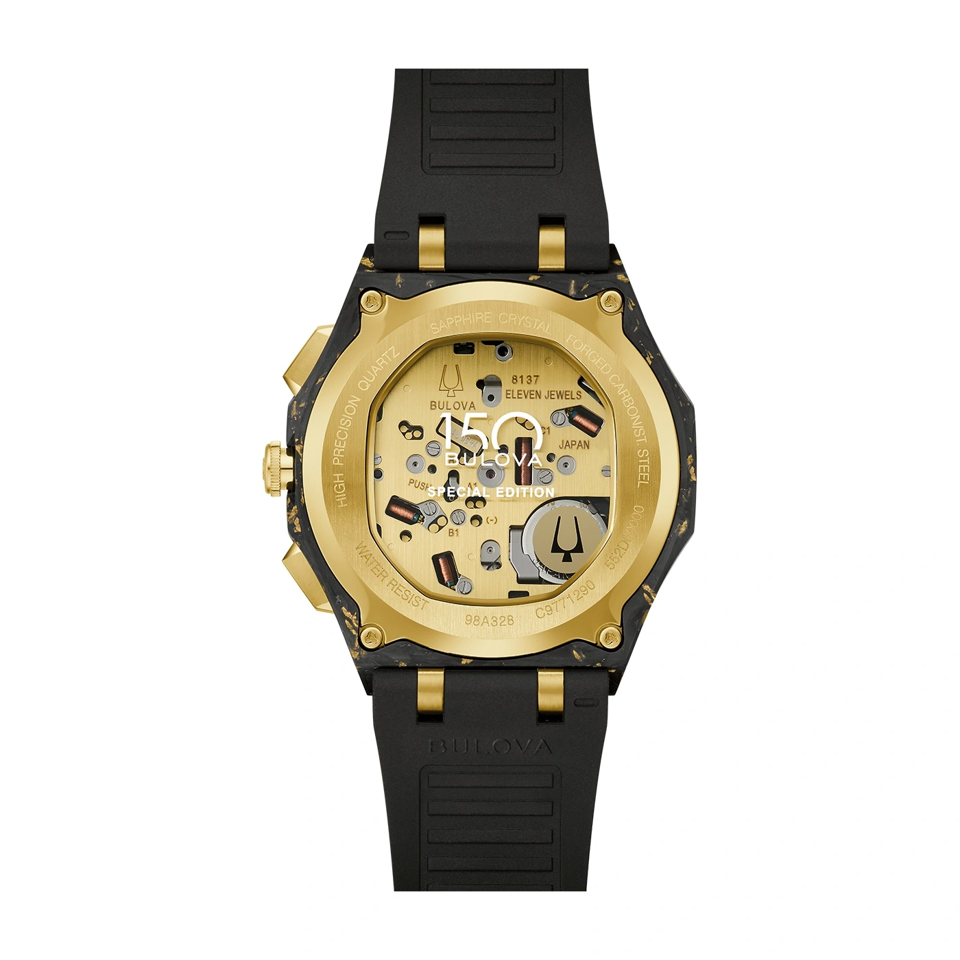 Bulova Uhr, goldfarbenes Gehäuse, schwarzes Armband, Präzisionsquarz, Spezialausgabe.