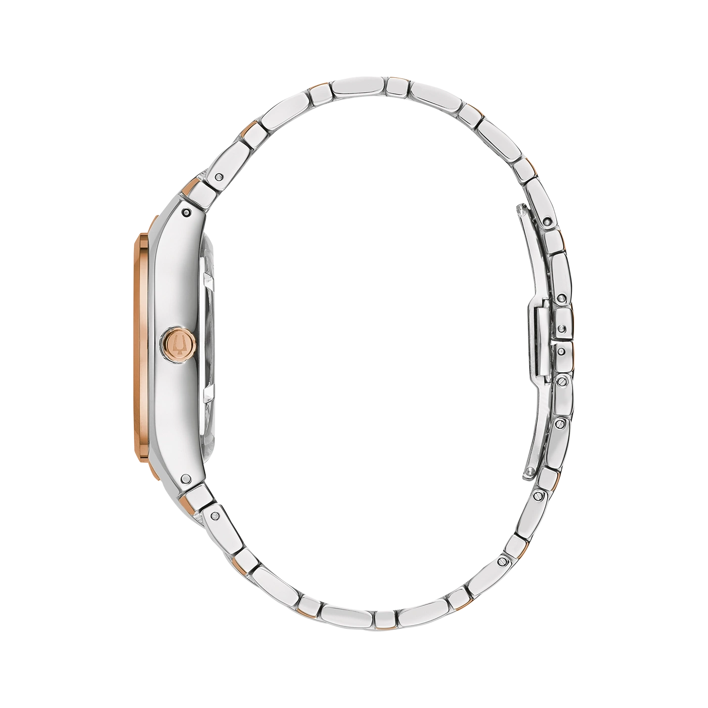 Uhr, silbernes Armband, roségoldfarbenes Zifferblatt, Seitenansicht, elegantes Design, Accessoire