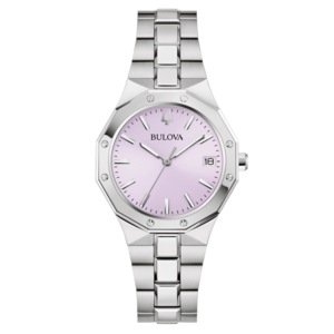 Bulova Damenuhr, silberfarbenes Gehäuse, rosa Zifferblatt, Datumsanzeige, Edelstahlarmband
