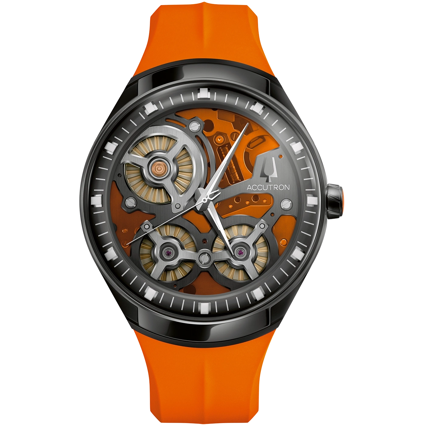 Orange Uhr mit skelettiertem Zifferblatt und schwarzem Gehäuse