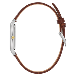 Uhr mit braunem Lederarmband, Seitenansicht, Detailaufnahme, isoliert auf weißem Hintergrund