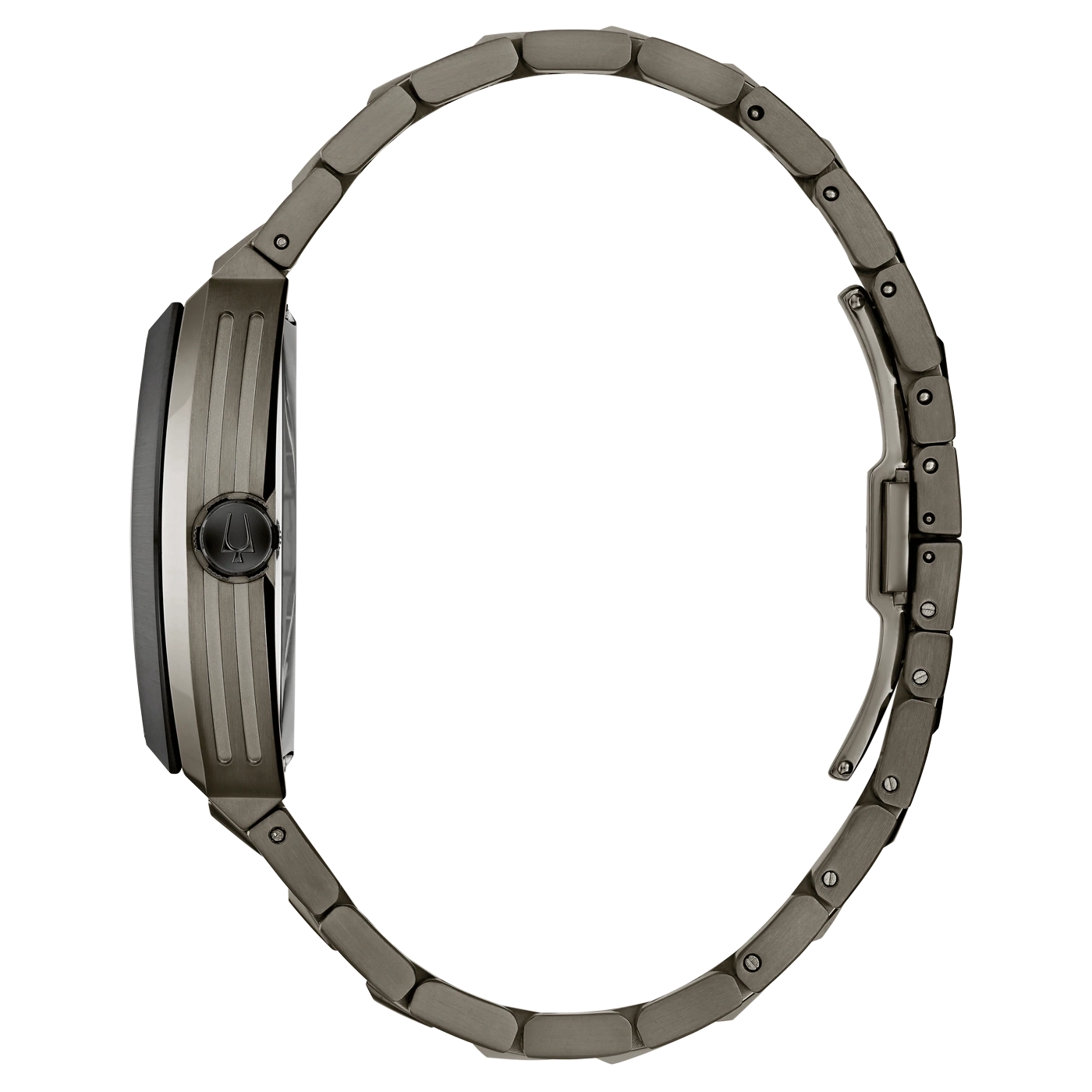 Graue Uhr mit Metallarmband, Seitenansicht, elegantes Design, Accessoire, Mode